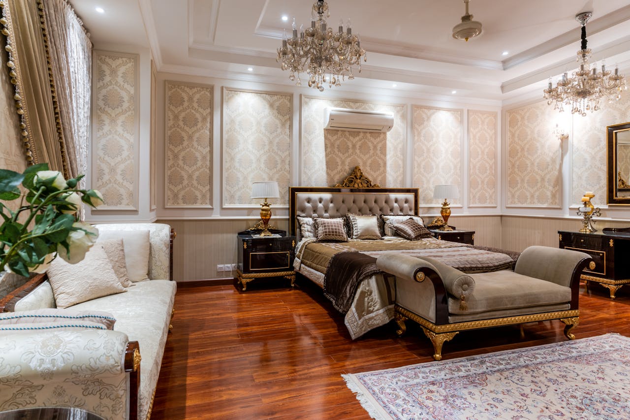Elegant luxury bedroom showcasing modern design elements, plush bedding, and stylish decor for a sophisticated ambiance